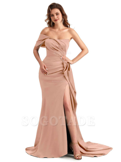 Sexy Side Slit Mermaid Silky Satin One Shoulder Chic Long Maid Of Honor Dresses