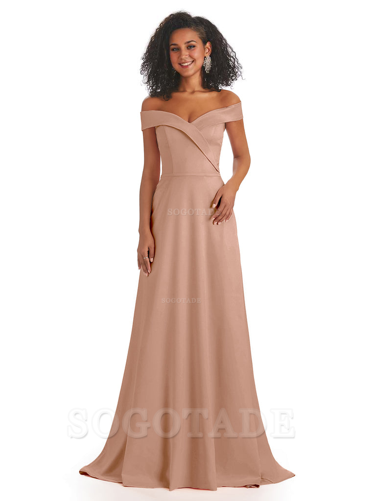Soft Satin Off The Shoulder Long A-Line African Bridesmaid Dresses prom dress stores ﻿