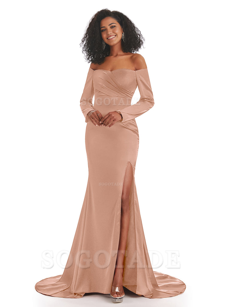 Mermaid Long Sleeve Satin formal dresses evening gown Bridesmaid Dresses With Side Slit 