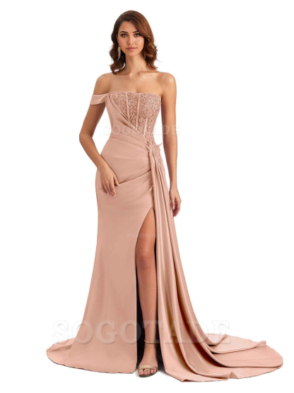 Mermaid Off Shoulder Applique formal dresses evening gown Bridesmaid Dresses With Side Slit 