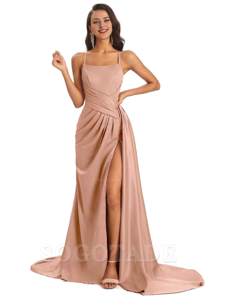 Sexy Soft Satin Side Slit Spaghetti Straps Long Maxi Bridesmaid Dresses prom shop dresses