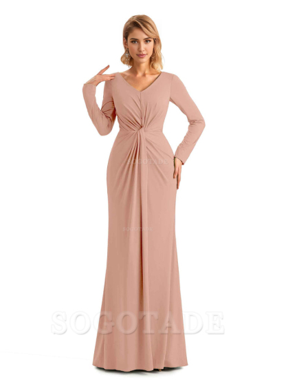 Elegant Simple Mermaid Pleats V-neck Long-Sleeves Floor Length Long Formal Bridesmaid Dresses