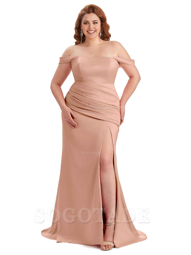  Sexy Off Shoulder Side Hight Slit Sleeveless Mermaid Soft Satin Long Plus Size Bridesmaid Dress For Wedding