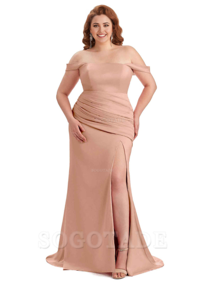  Sexy Off Shoulder Side Hight Slit Sleeveless Mermaid Soft Satin Long Plus Size Bridesmaid Dress For Wedding