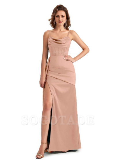 Sexy Side Slit Mermaid Silky Satin Spaghetti Straps Unique Wedding Guest Dresses