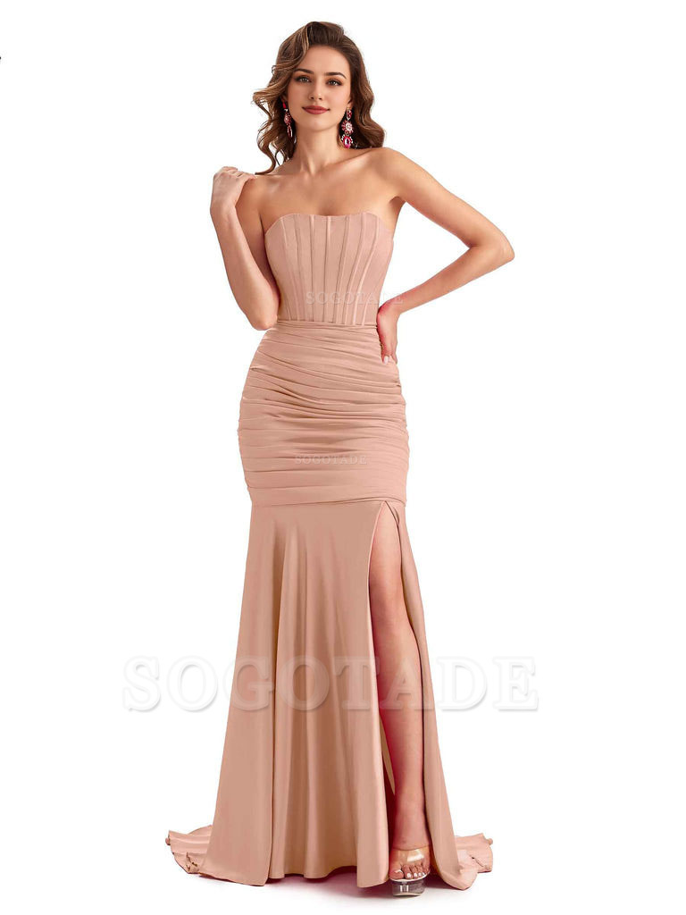Sexy Strapless Side Slit Mermaid Silky Satin Formal Bridesmaid Dresses