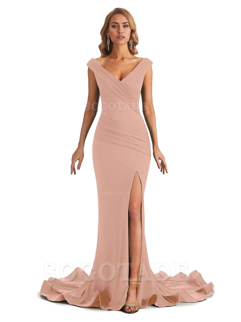 Sexy Mermaid V-Neck Off The Shoulder Side Fork Long Fashion Bridesmaid Dresses Formal Women's Dresses Wedding Guests Dresses
