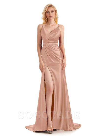 Sexy Charming Side Slit V-Neck Pleated Spaghetti Straps Backless Satin Bridesmaid Dresses Formal Women's Dresses Wedding Guests Dresses