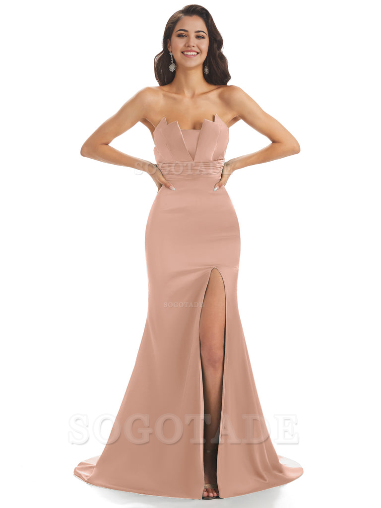 Mermaid sleeveless Satin formal dresses evening gown Bridesmaid Dresses With Side Slit 