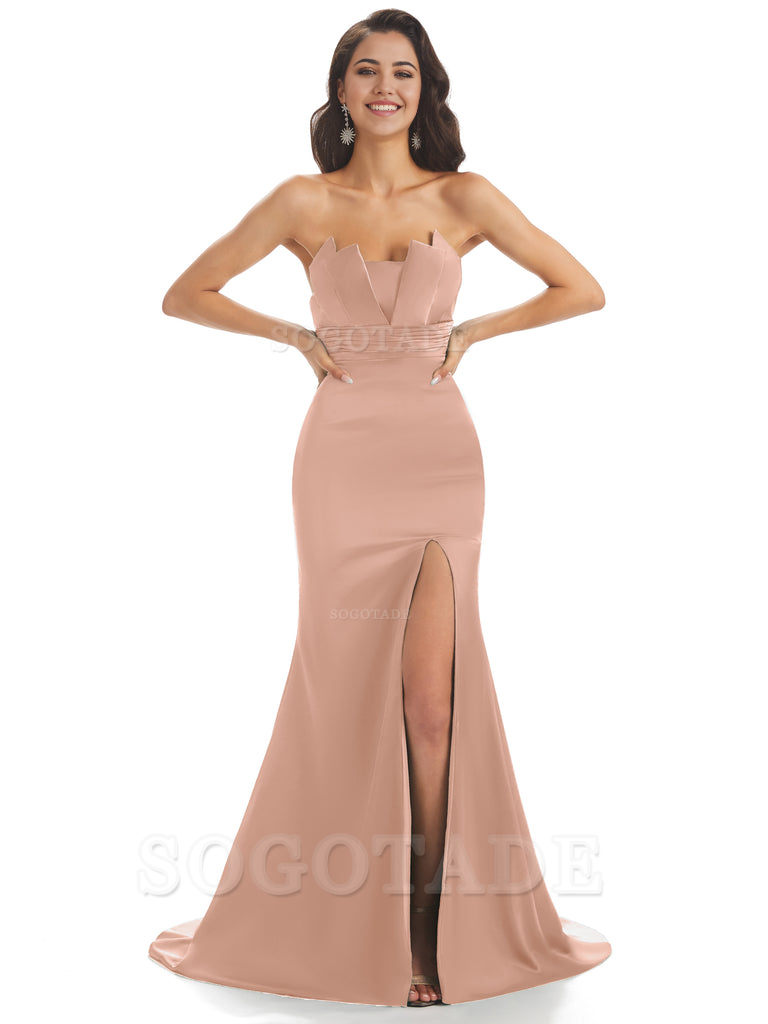 Mermaid sleeveless Satin formal dresses evening gown Bridesmaid Dresses With Side Slit 