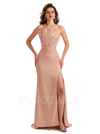 Unique Soft Satin Side Slit Asymmetrical Neckline Mermaid Long Bridesmaid Dresses