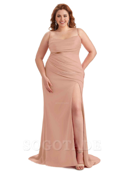Sexy Side Slit Spaghetti Straps Mermaid Soft Satin Long Plus Size Bridesmaid Dress For Wedding