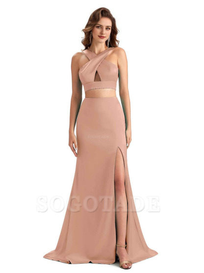 Sexy Side Slit Mermaid Silky Satin Halter Two Pieces Unique Long Bridesmaid Dresses
