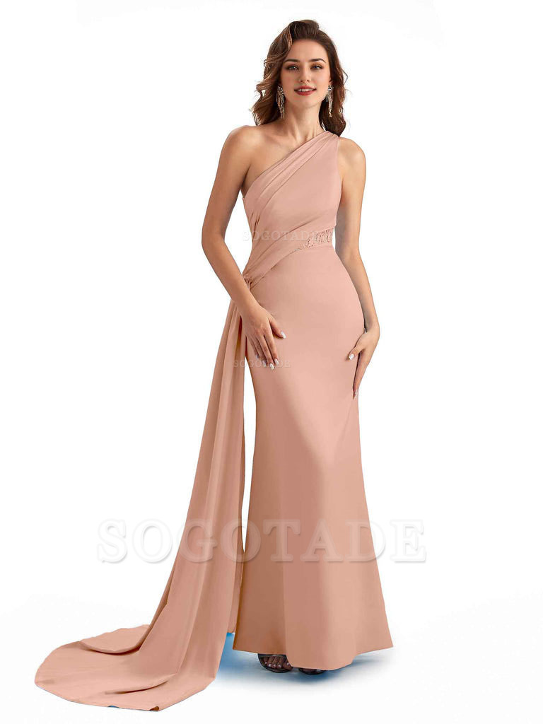 Sexy Mermaid Silky Satin One Shoulder Lace See Through Long Bridesmaid Dresses Online