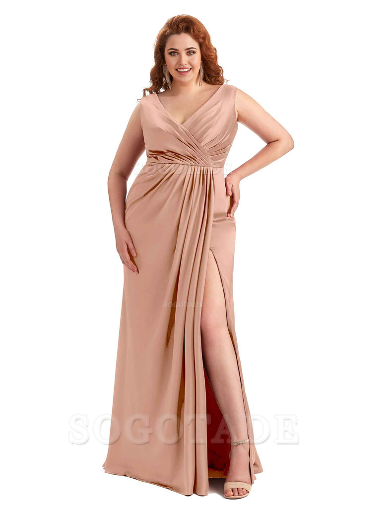 Mermaid V-Neck Satin formal dresses evening gown Bridesmaid Dresses With Side Slit 