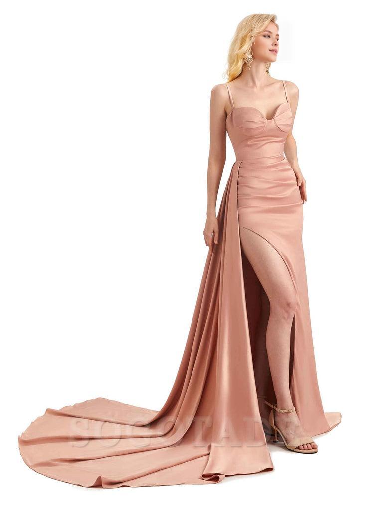 Elegant Satin Long Bridesmaid Dresses With Side Slit Mermaid Spaghetti Straps