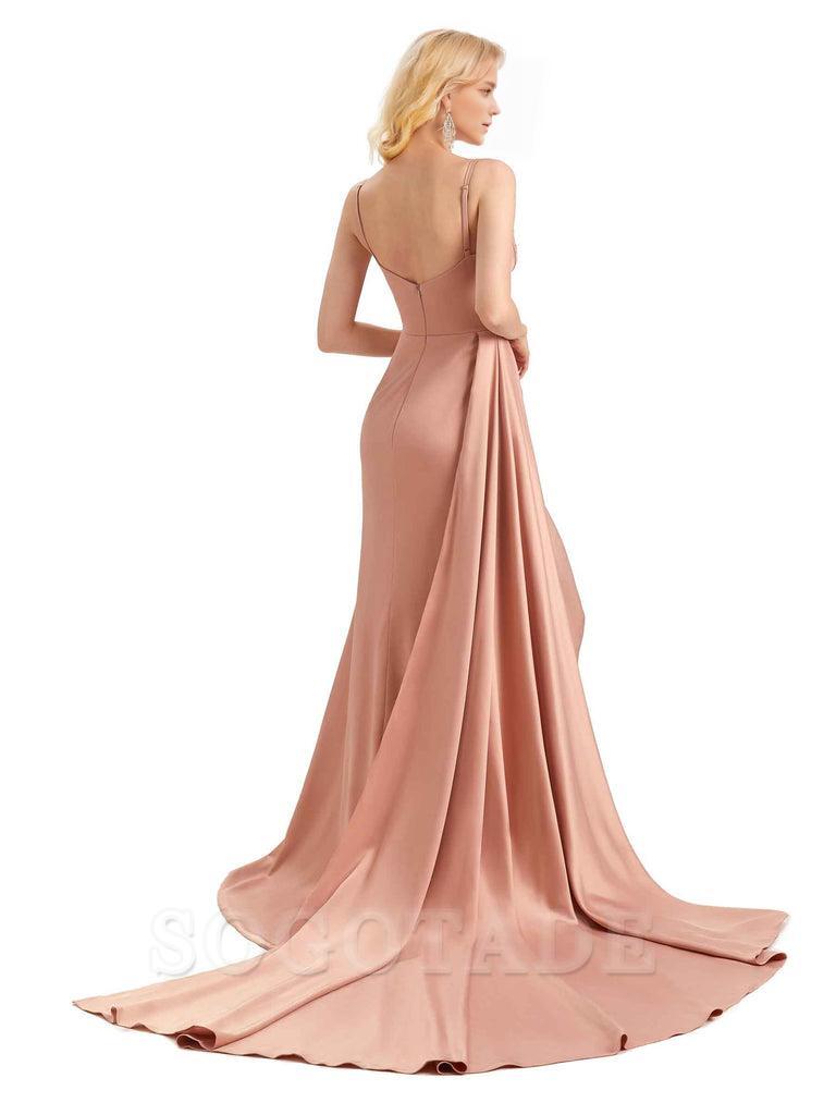 Elegant Satin Long Bridesmaid Dresses With Side Slit Mermaid Spaghetti Straps