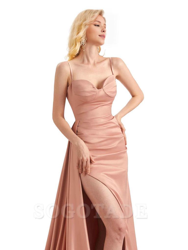 Elegant Satin Long Bridesmaid Dresses With Side Slit Mermaid Spaghetti Straps
