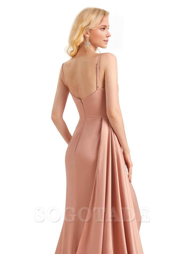 Elegant Satin Long Bridesmaid Dresses With Side Slit Mermaid Spaghetti Straps