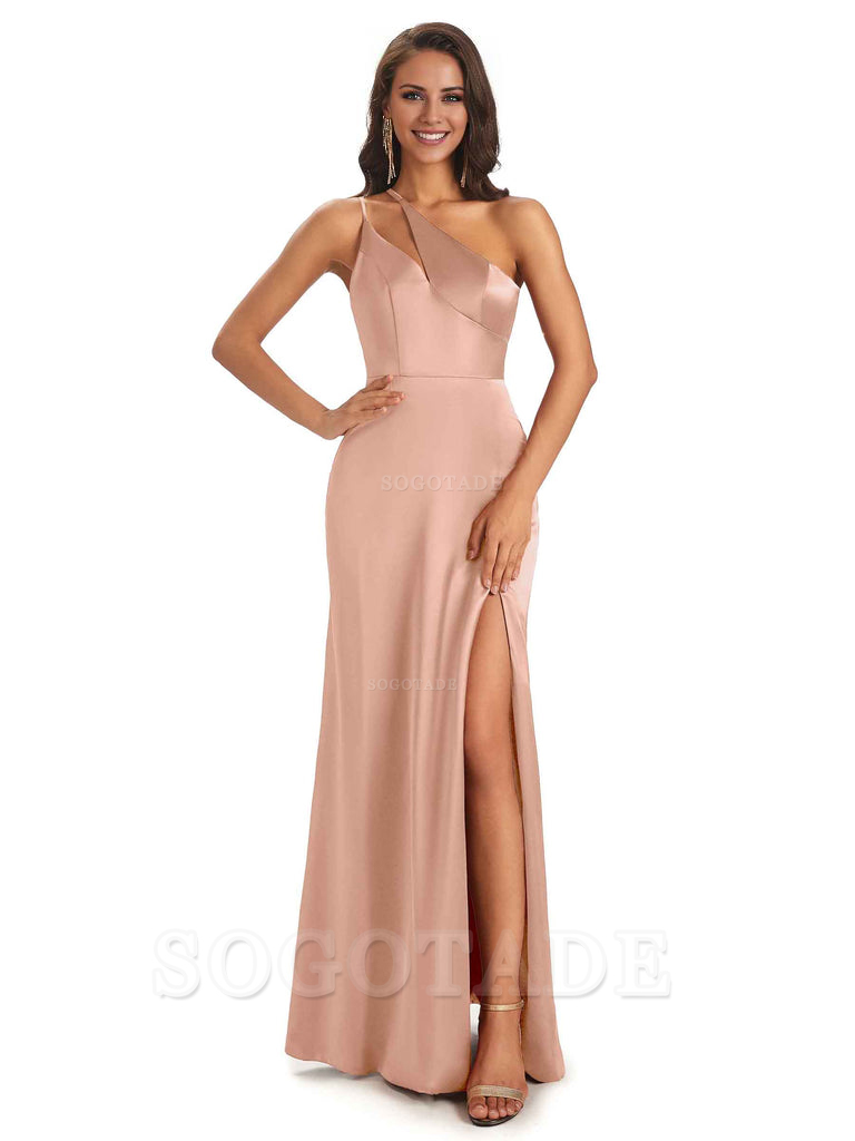 Sexy Soft Satin Side Slit One Shoulder Floor-Length Mermaid Long Bridesmaid Dresses Elegant Evening Party Dress