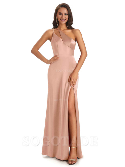 Sexy Soft Satin Side Slit One Shoulder Floor-Length Mermaid Long Bridesmaid Dresses Elegant Evening Party Dress