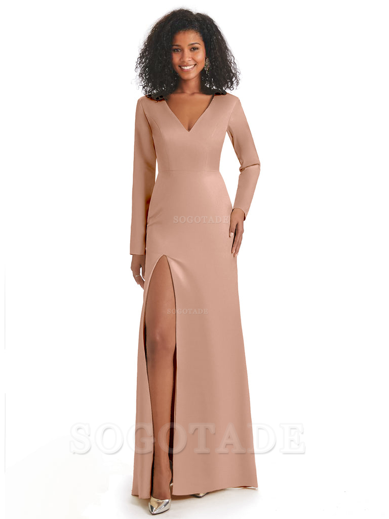 Soft Satin Side Slit Long Sleeves V-Neck Long African Mermaid Bridesmaid Dresses Elegant Evening Party Dress