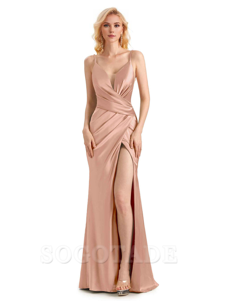 Sexy Satin Side Slit V-Neck Long Mermaid Bridesmaid Dresses with Front Slit