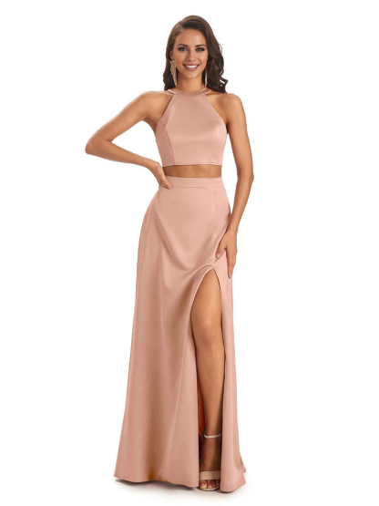 Soft Satin Two-Pieces Halter Side Slit Sexy Fashion Bridesmaid Dresses Charming Evening Party Dress