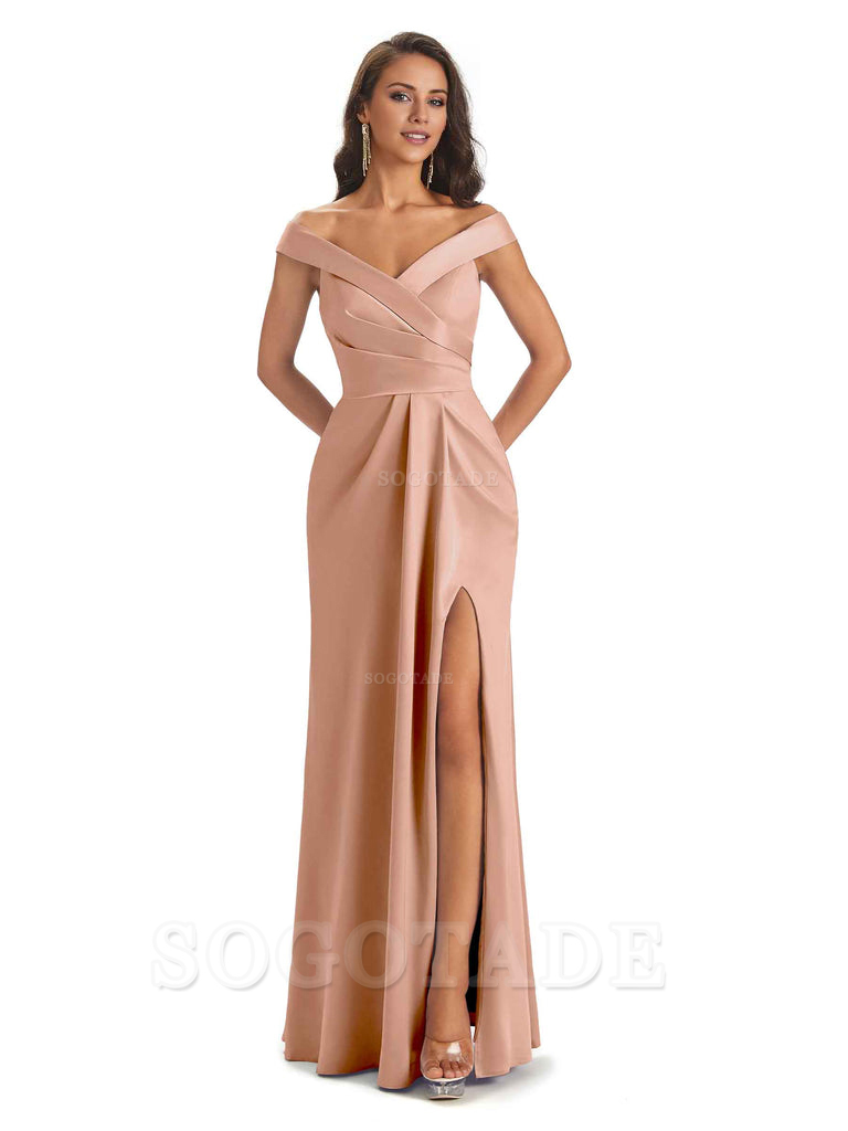 Sexy Soft Side Slit Off Shoulder V-Neck Long Satin Ladies Bridesmaid Dresses Elegant Evening Party Dress