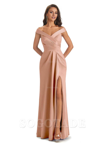 Sexy Soft Side Slit Off Shoulder V-Neck Long Satin Ladies Bridesmaid Dresses Elegant Evening Party Dress