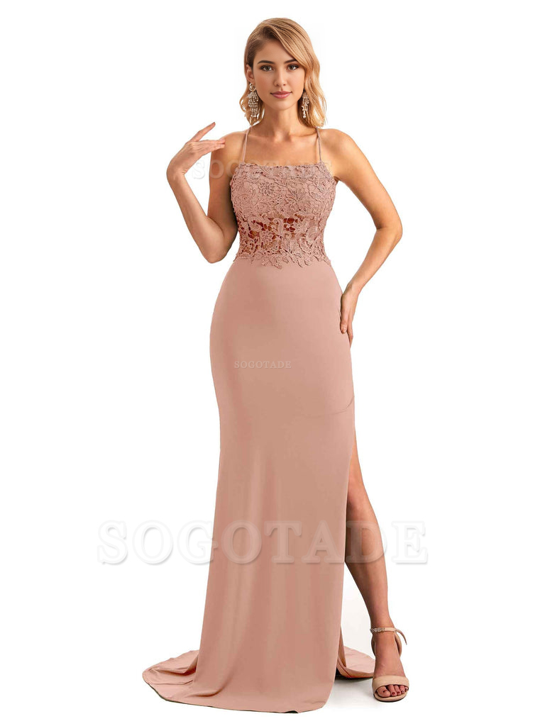 Sexy Side Slit Spaghetti Straps Open Back Mermaid Lace Applique Long Formal Bridesmaid Dresses