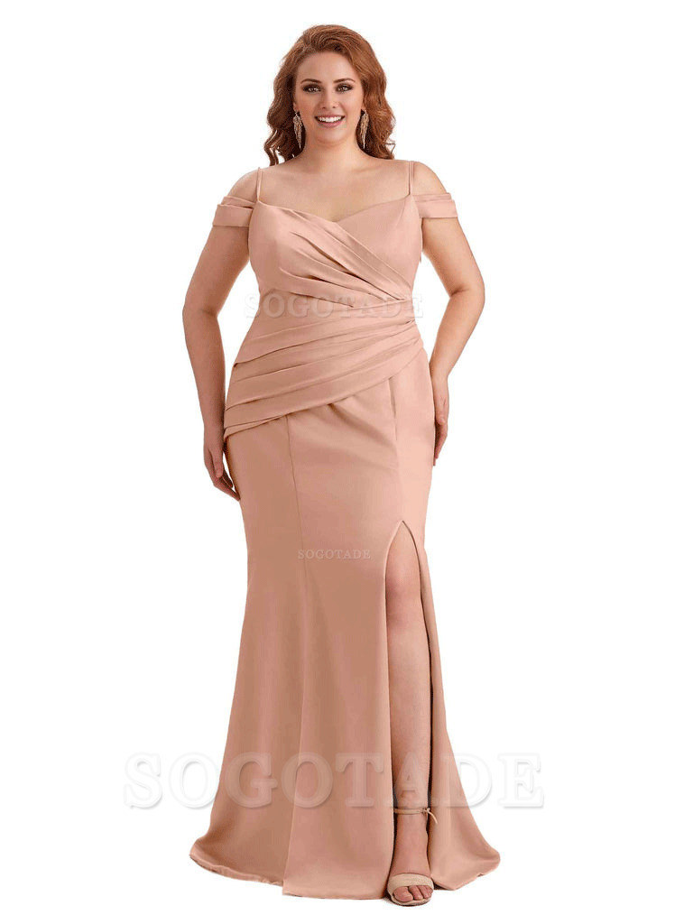 Elegant Cold Shoulder Side Slit Mermaid Soft Satin Long Plus Size Bridesmaid Gowns