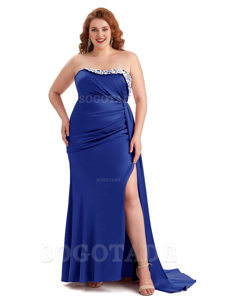 Sexy Side Slit Strapless Mermaid Lace Soft Satin Long Plus Size Maid of Honor Dresses