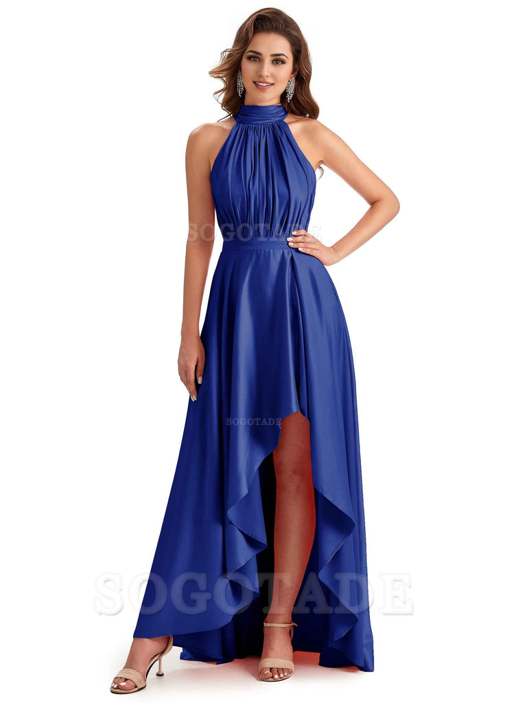 Soft Satin High Neck High Low A-Line Unique Bridesmaid Dresses Online