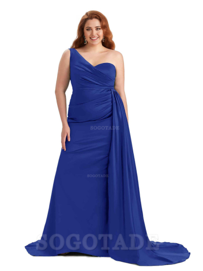 Sexy One Shoulder Sleeveless Mermaid Soft Satin Long Plus Size With Train Bridesmaid Gowns