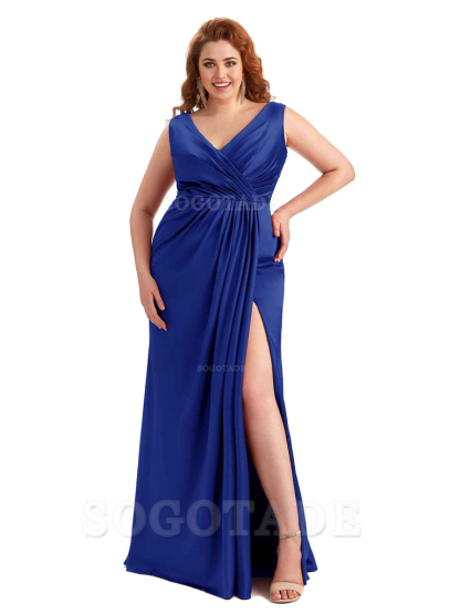 Mermaid V-Neck Satin formal dresses evening gown Bridesmaid Dresses With Side Slit 
