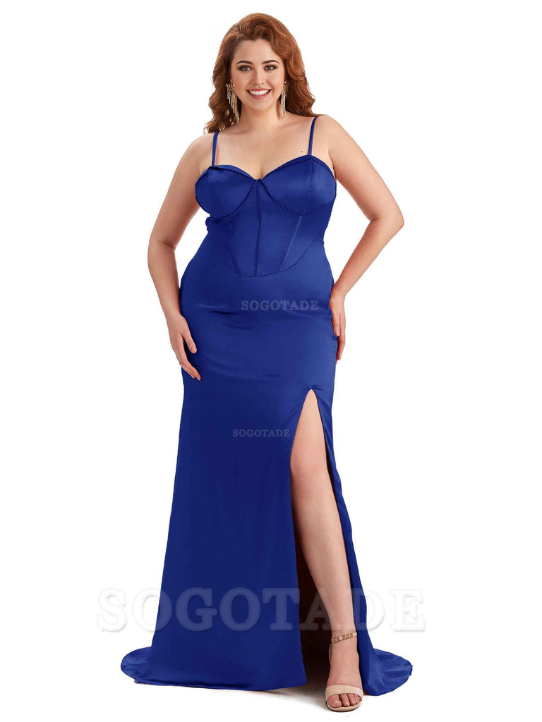 Sexy Spaghetti Straps Side Slit Sleeveless Mermaid Soft Satin Long Bridesmaid Dress Plus Size Dress To Wear to a Wedding