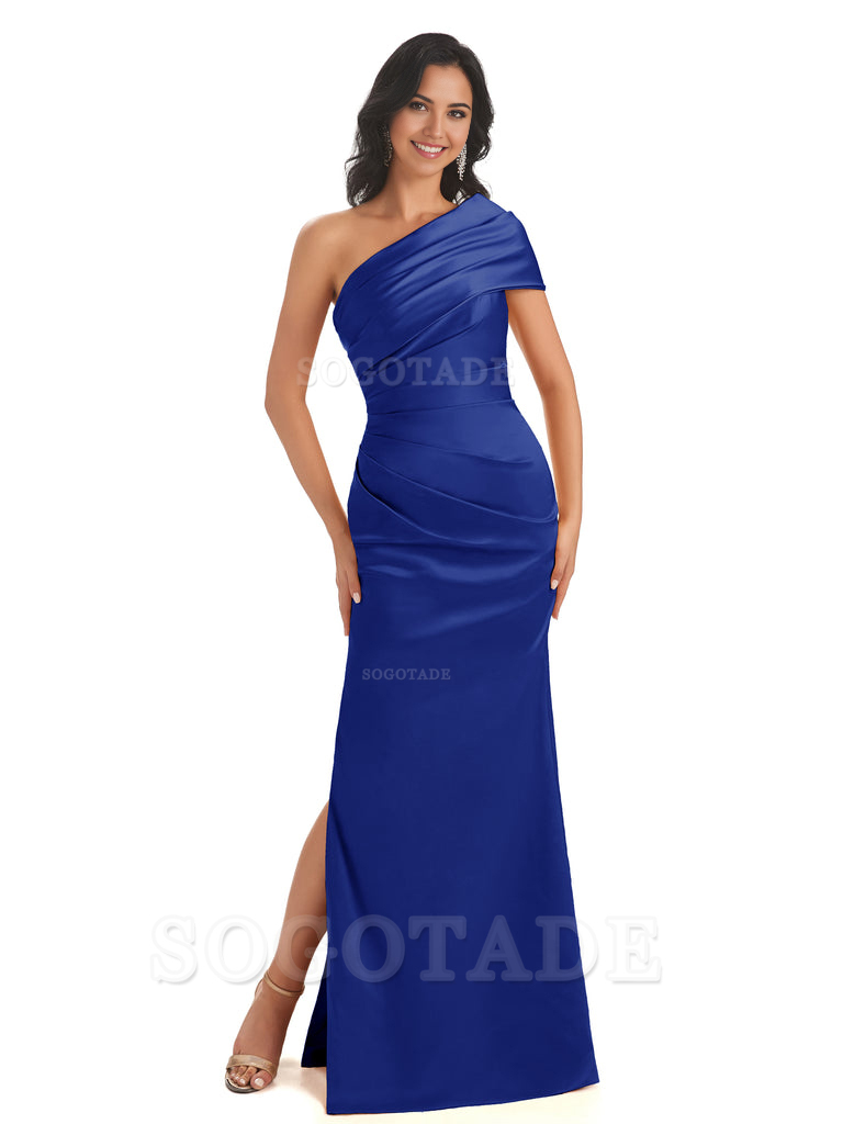 Mermaid One Shoulder Satin Long formal dresses evening gown Bridesmaid Dresses With Side Slit 