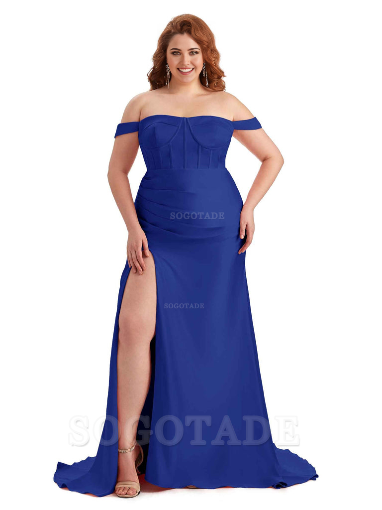 Elegant Off The Shoulder Side Slit Mermaid Soft Satin Floor Length Long Plus Size Bridesmaid Gowns