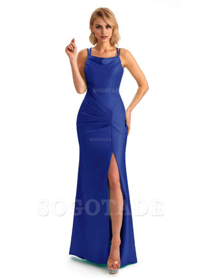 Soft Satin Spaghetti Straps Side Slit Long Unique Mermaid Beautiful Dresses For Wedding
