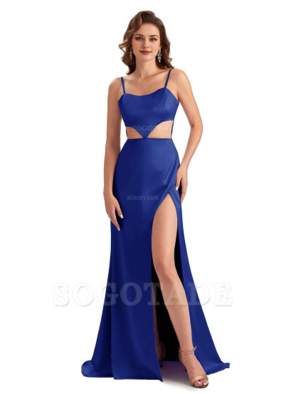 Sexy Satin Side Slit Spaghetti Straps Mermaid Long Unique Curve Wedding Guest Dresses