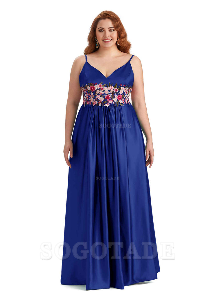 Unique Lace Spaghetti Straps Sleeveless Soft Satin Long Plus Size Bridesmaid Dress For Wedding