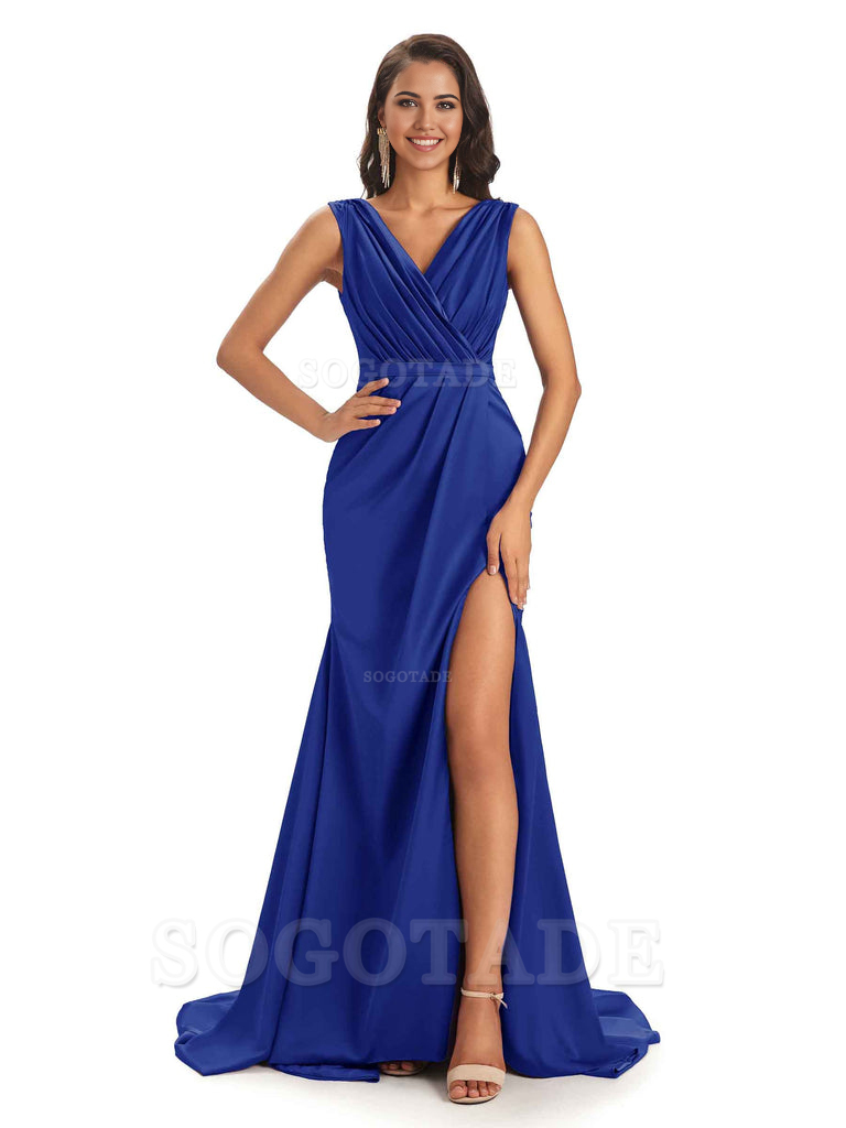 A-line V-neck Floor-Length Satin formal dresses evening gown Bridesmaid Dresses With Side Slit 