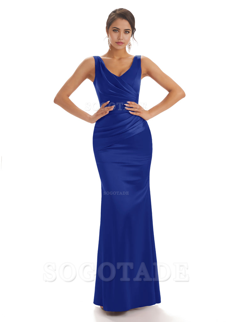 Sheath Sleeveless V-neck Floor-Length Satin formal dresses evening gown Bridesmaid Dresses With Pleats 