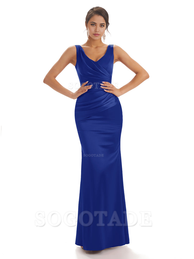 Sheath Sleeveless V-neck Floor-Length Satin formal dresses evening gown Bridesmaid Dresses With Pleats 