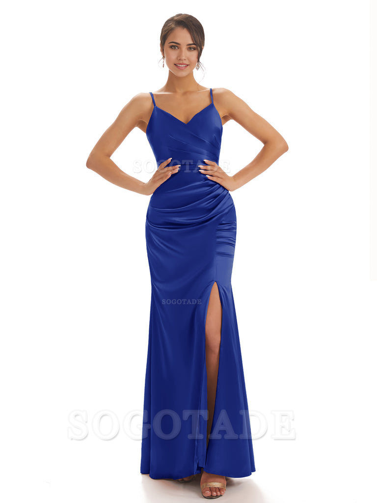 Spaghetti Straps Pleats Satin formal dresses evening gown Bridesmaid Dresses With Side Slit 
