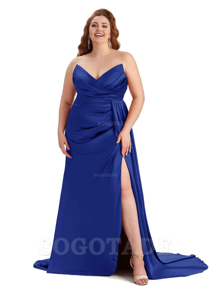 Sexy V-neck Side Slit Sleeveless Mermaid Soft Satin Long Plus Size Bridesmaid Gowns
