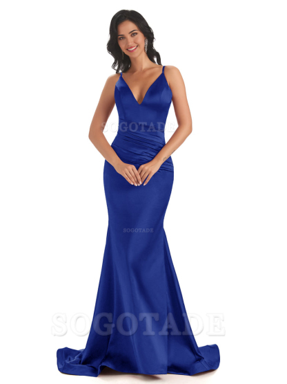 Mermaid Spaghetti V-Neck Straps Satin Long formal dresses evening gown Bridesmaid Dresses With Side Slit 