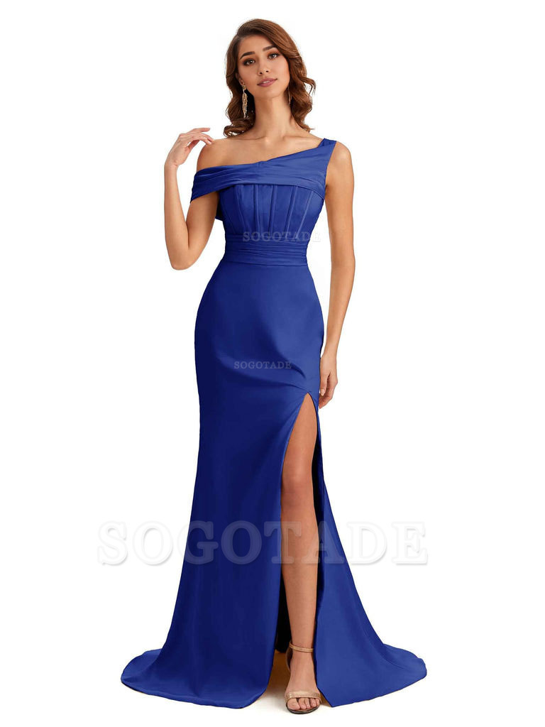 Elegant Asymmetrical Neck Soft Satin Side Slit Long Mermaid Bridesmaid Dresses