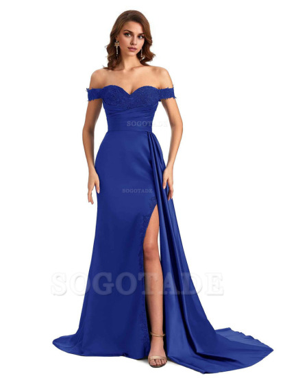 Sexy Off The Shoulder Mermaid Side Slit Silky Satin Long Bridesmaid Dress For Wedding
